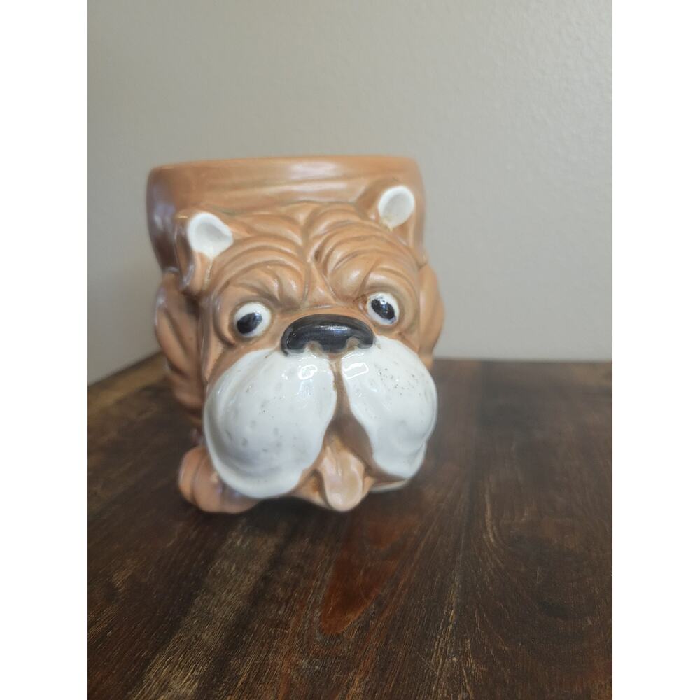 Vintage Golden Brown Bulldog Ceramic Planter Pot - Made in Japan - MCM Big Eye